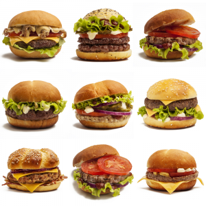 Various burgers with different toppings