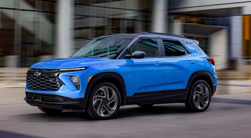 A blue 2024 Chevy Trailblazer RS is shown from the front at an angle.