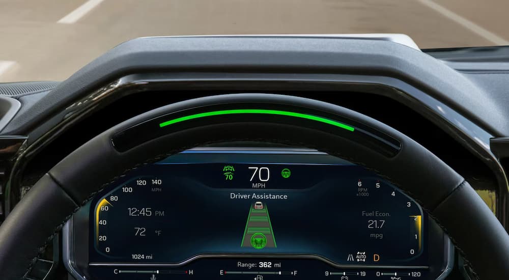 Close-up of the Super Cruise display in a 2025 Chevy Silverado 1500 at a Chevy dealer near Opelousas.